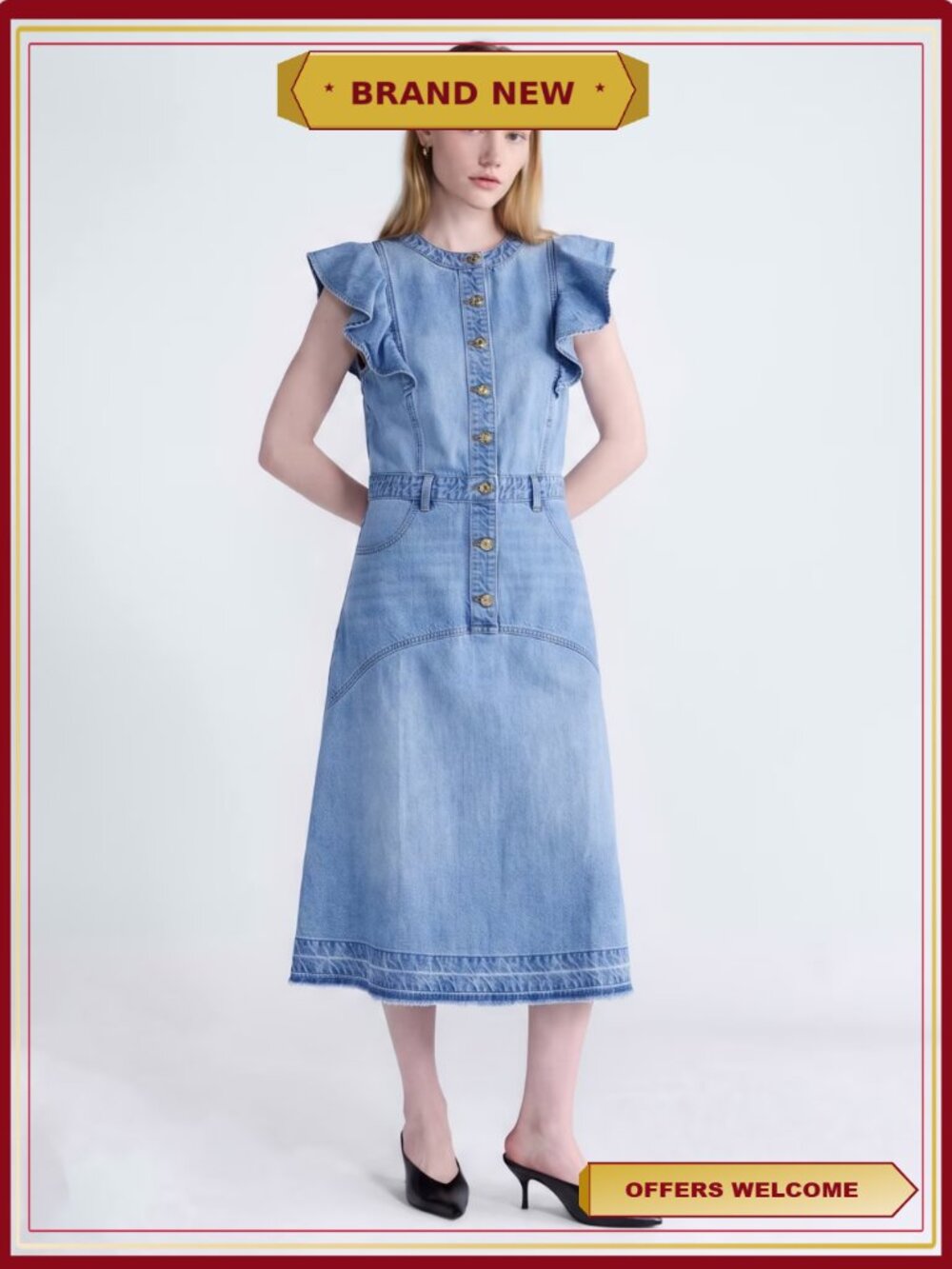 Women's Midi Dress with Flutter Sleeves Button Front